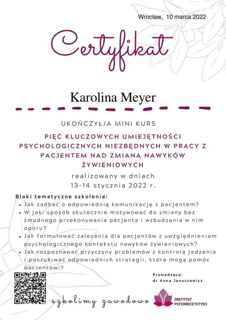 Certyfikat Karolina Meyer Dietetyk Chojnice